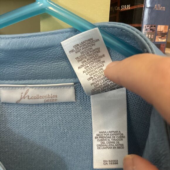 JH Collectibles Light Blue Leather Knit Jacket Full Zip Size XL Teal Petite EUC - Picture 3 of 5